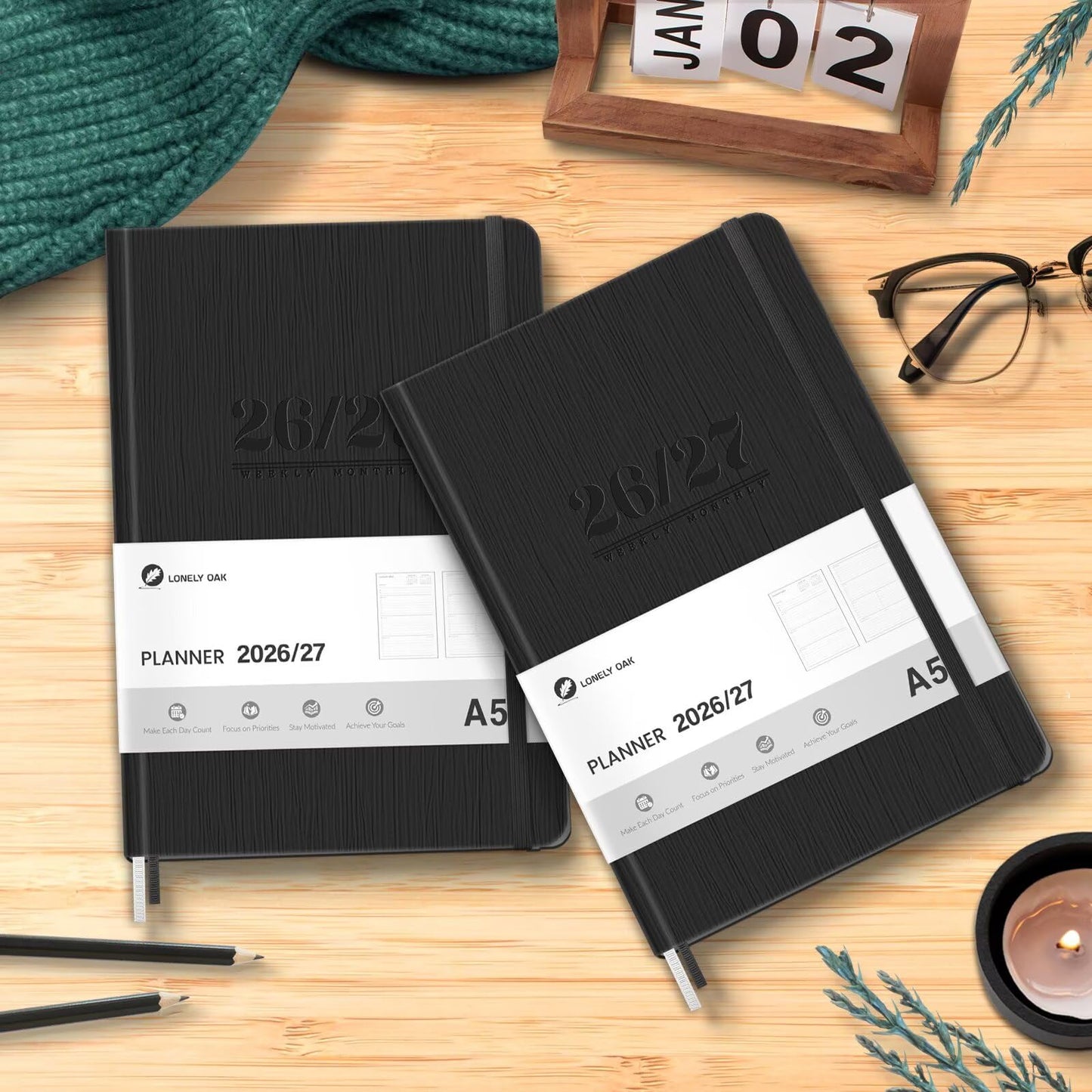 Lonely Oak A5 Academic Diary 2026-2027 Week to View, Daily Weekly Planner 5.75" x 8.4", 13 Months Faux Leather School Year Monthly Calendar Diary from Jul.2026 to Jul.2027 for Student(Black)