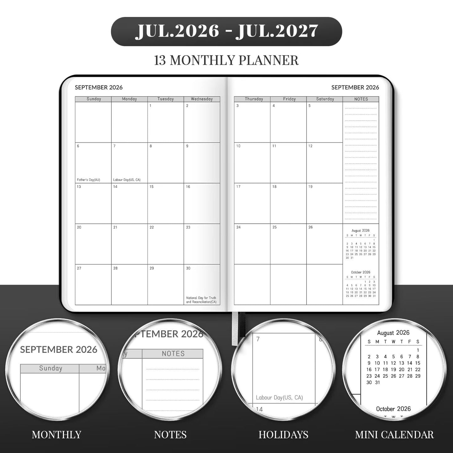 Lonely Oak A5 Academic Diary 2026-2027 Week to View, Daily Weekly Planner 5.75" x 8.4", 13 Months Faux Leather School Year Monthly Calendar Diary from Jul.2026 to Jul.2027 for Student(Black)