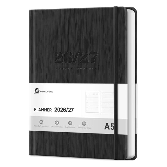 Lonely Oak A5 Academic Diary 2026-2027 Week to View, Daily Weekly Planner 5.75" x 8.4", 13 Months Faux Leather School Year Monthly Calendar Diary from Jul.2026 to Jul.2027 for Student(Black)