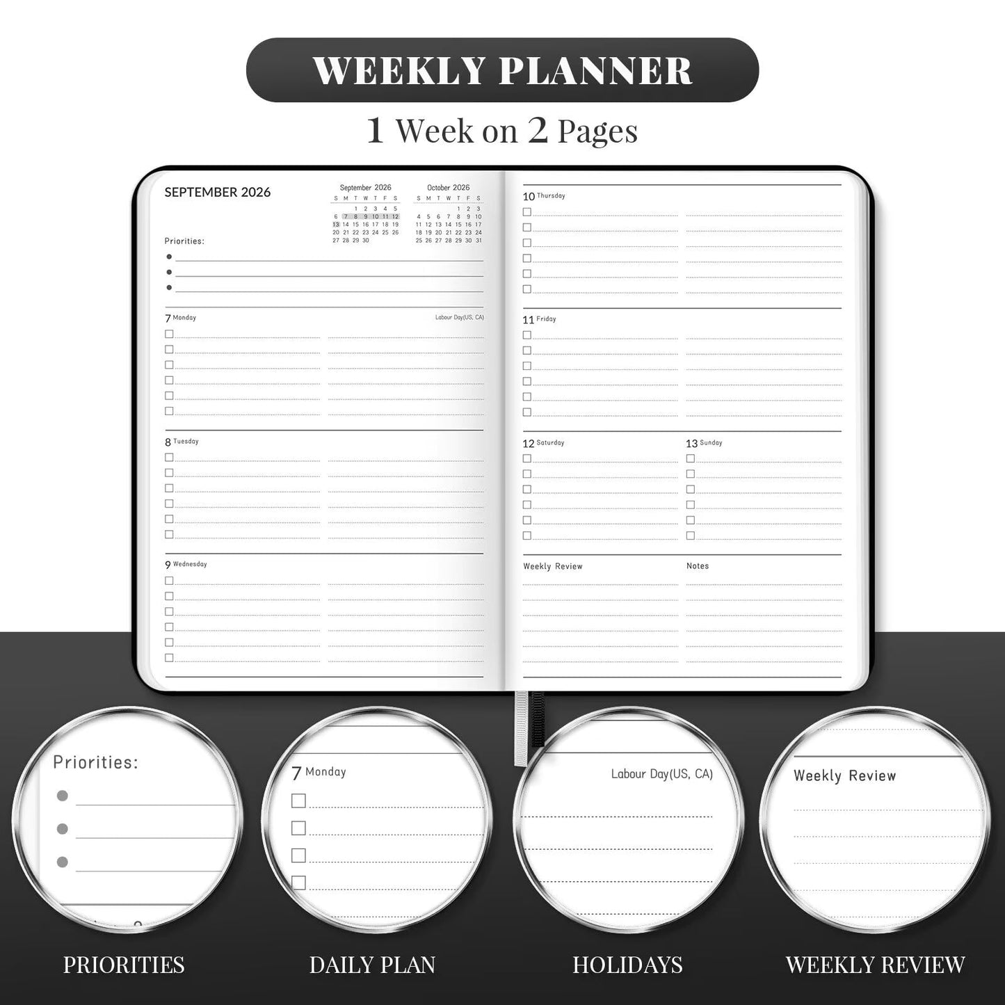 Lonely Oak A5 Academic Diary 2026-2027 Week to View, Daily Weekly Planner 5.75" x 8.4", 13 Months Faux Leather School Year Monthly Calendar Diary from Jul.2026 to Jul.2027 for Student(Black)